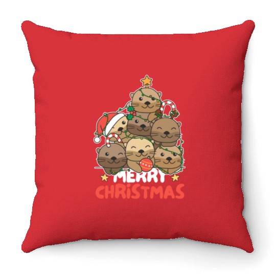 Otter Christmas Tree Merry Christmas Throw Pillows