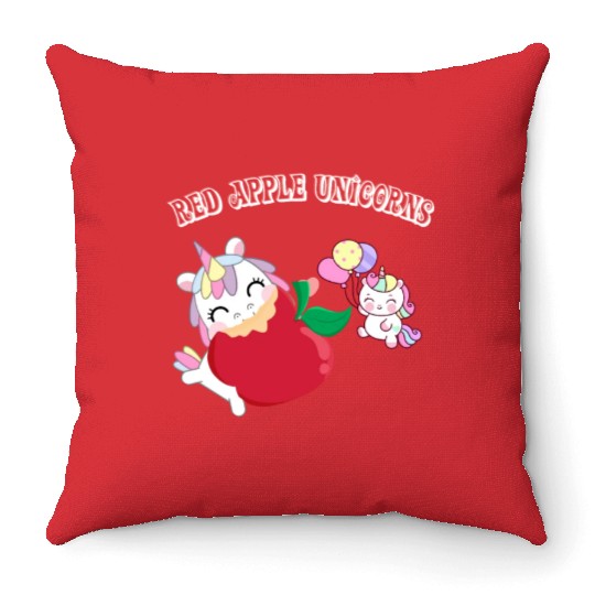 Funny Unicorn Hungry Eat a Red Apple Day Throw Pillows