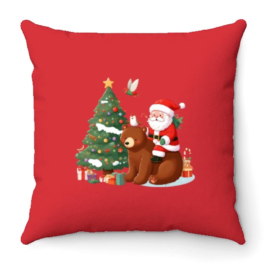 Santa Claus and Bear - Festive Tranquility Throw Pillows