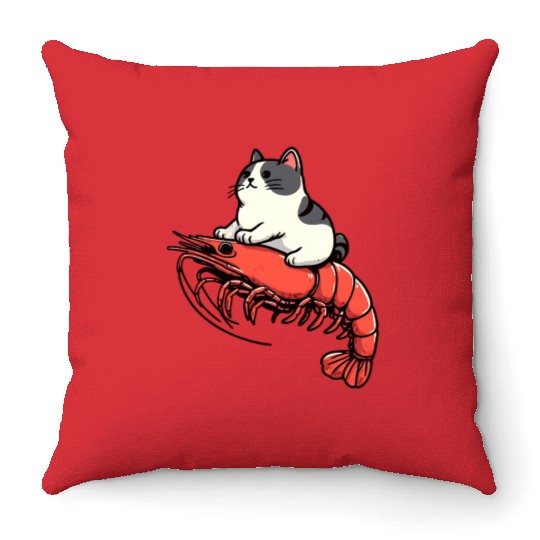 Cat rides shrimp Throw Pillows