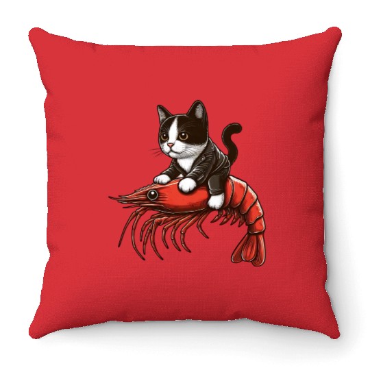 Cat rides shrimp Throw Pillows