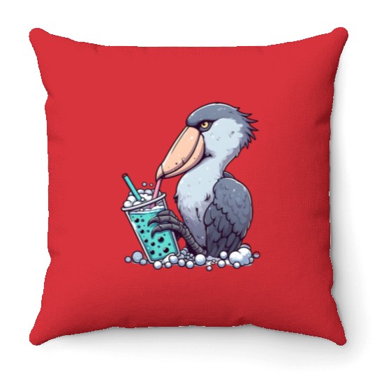 Beaked stork with bubble tea Throw Pillows