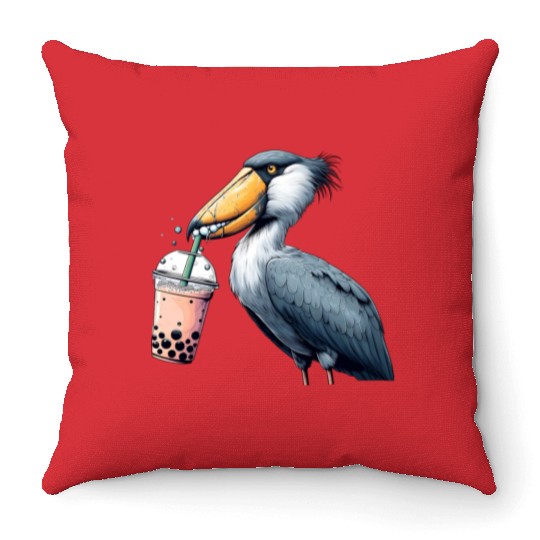 Beaked stork with bubble tea Throw Pillows
