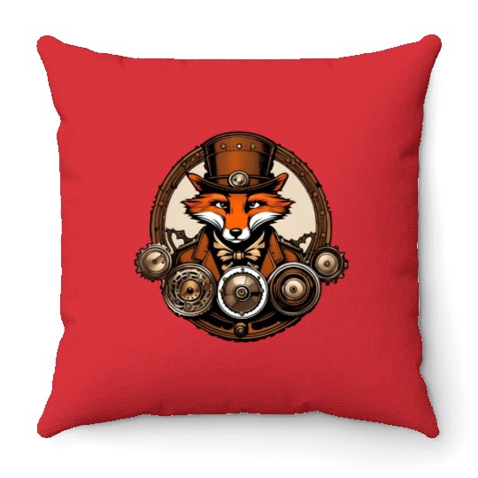 Steampunk Fox / Animal / Bronze / Old School Throw Pillows