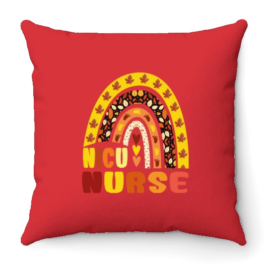 Rainbow Autumn NICU Nurse Maple Leaf Fall Vibes Throw Pillows