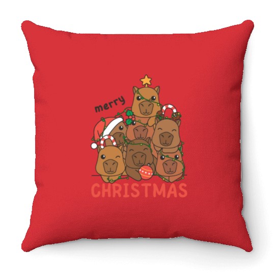 Capybara Christmas Tree Merry Christmas Throw Pillows