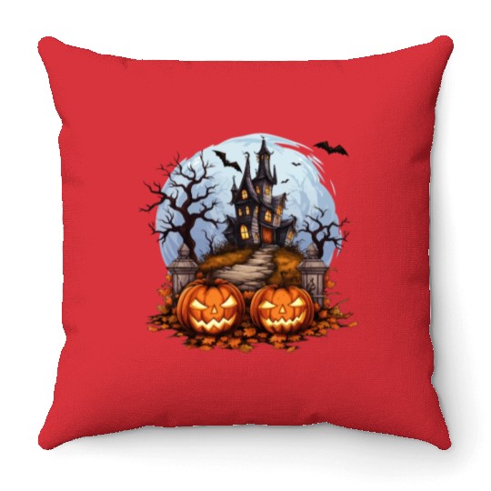 Spooky Haunted House Halloween Pumpkin Bat Throw Pillows