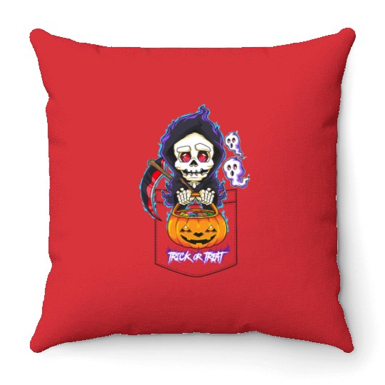 Halloween Pocket Chibi Grim Reaper Trick or Treat Throw Pillows