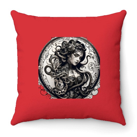 T Tattoo black lines an octopus wrapped Throw Pillows