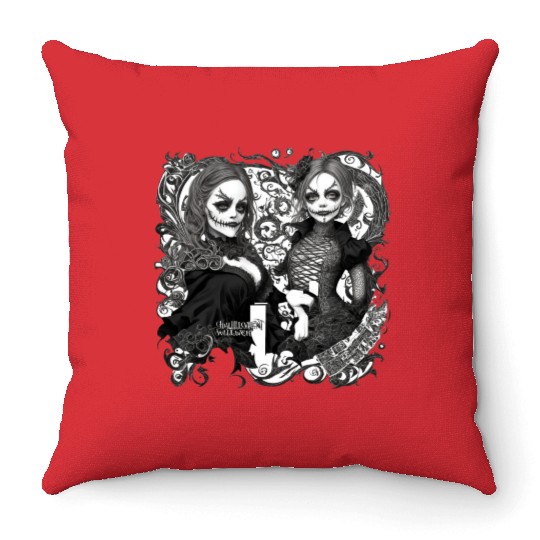 Young witch and pumpkin Halloween 2 Throw Pillows