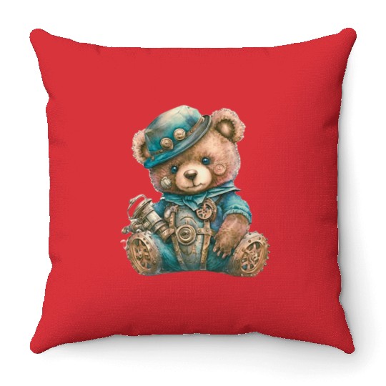 Steampunk Vintage Teddy Bear Throw Pillows