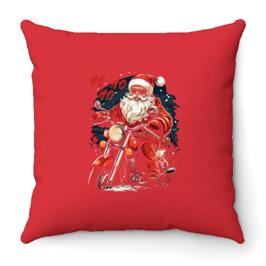 Motorcyclist Santa Claus Motorcycle Christmas Throw Pillows