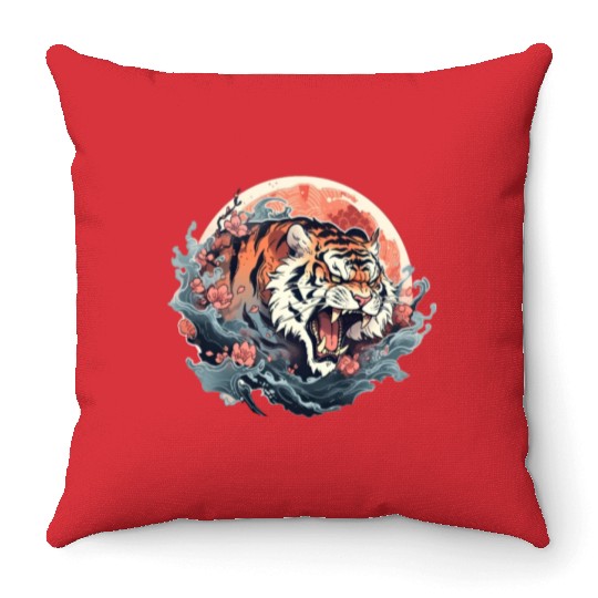 Tokyo Asia 80s Japanese Retro Tiger Throw Pillows