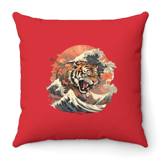 Tokyo Asia 80s Japanese Retro Tiger Throw Pillows