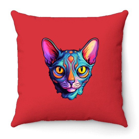 Sphynx Cat kitty Psychedelic Vibrant Colors Throw Pillows