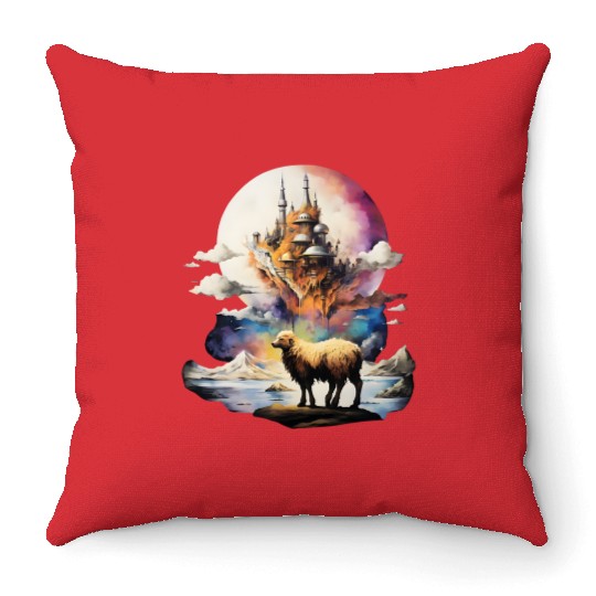 Retro Celestial Moon Sheep Adventure Throw Pillows