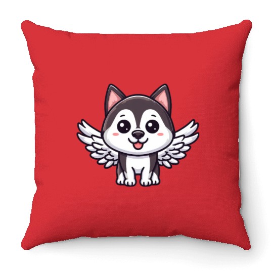 Angel Husky, Winged Comic, Heavenly Dog Throw Pillows