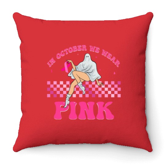 Groovy We Wear Pink Breast Cancer Awareness Ghost Throw Pillows