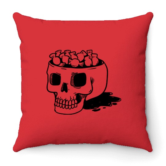human skull cut out head with candy Halloween Throw Pillows