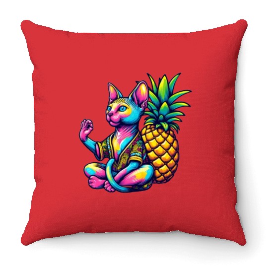 Meditating Sphynx cat with pineapple Throw Pillows