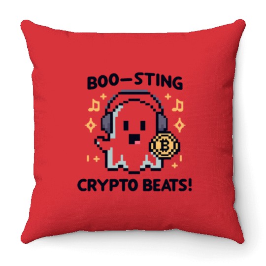Quirky 8-Bit Ghost with Crypto Beats - Halloween Throw Pillows
