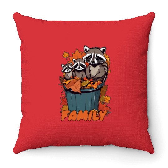 Autumn Trash Bin Adventure - Cute Raccoon Family Throw Pillows
