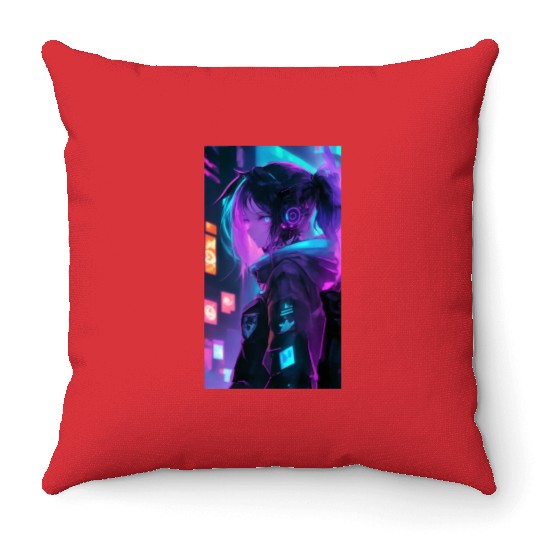 "Neon Dreams" - Anime Girl in Futuristic Cyberpunk Throw Pillows