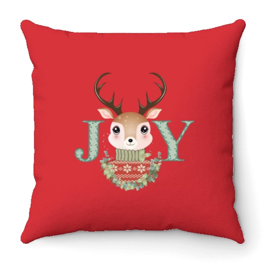 cute deer with sweater and Christmas wreath Throw Pillows