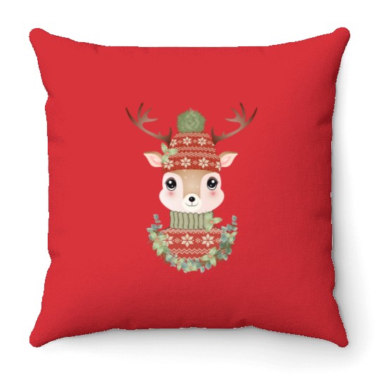 cute deer with sweater and Christmas wreath Throw Pillows