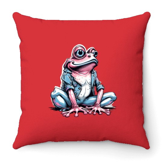 Cute pink frog with denim Throw Pillows