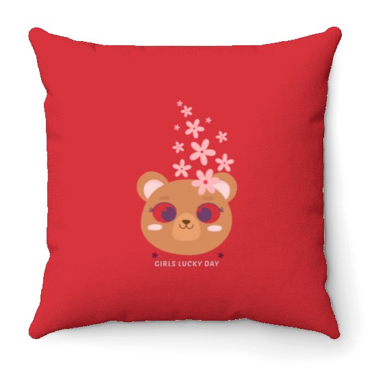 Teddy bear face with flower Throw Pillows
