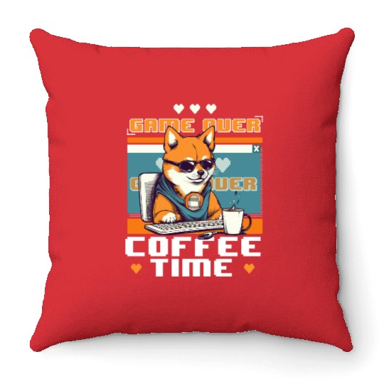Game Over Coffee Time Funny Gamer Shiba Inu Gaming Throw Pillows