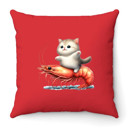 Cat rides on shrimp Throw Pillows