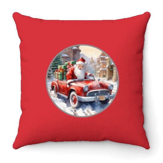 Santa Claus rides in a convertible car Throw Pillows