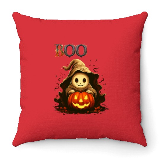 Adorable Boo Kid Ghosts With Pumpkin Throw Pillows