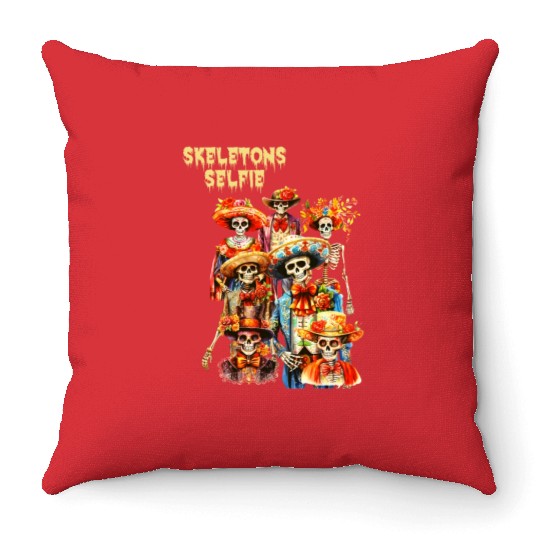 Mexican Holiday Day of the Dead Skeletons Selfie Throw Pillows