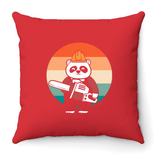 Panda Chainsaw Tree Worker Throw Pillows