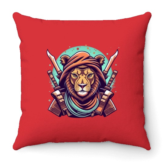 Artistic lion ninja warrior Throw Pillows