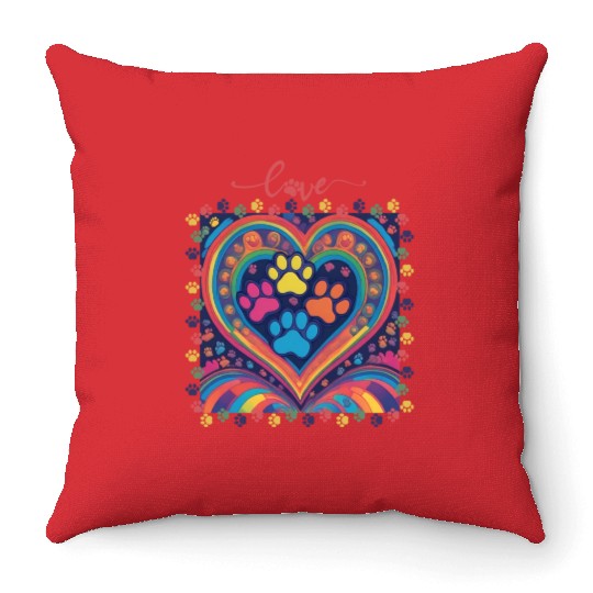 Rainbow Heart Love paw prints Throw Pillows