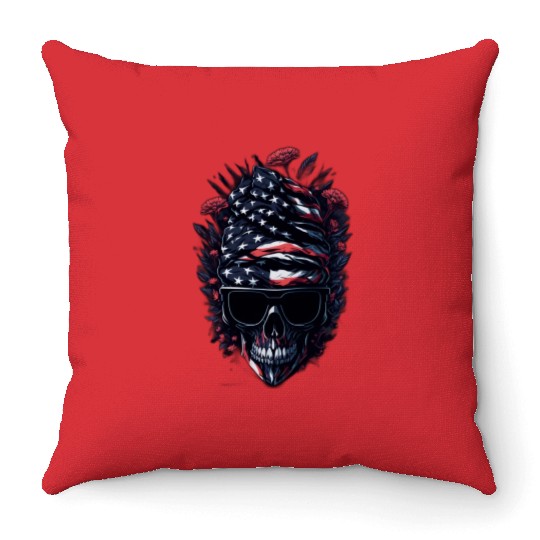 Theblack skull patriotic USA Throw Pillows