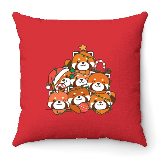 Red Panda Christmas Tree Funny Animal Throw Pillows