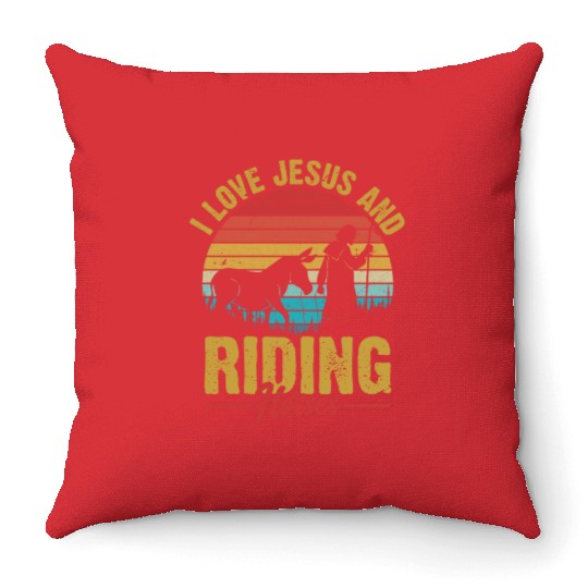 I Love Jesus And Riding Horses Riding Woman Horseb Throw Pillows