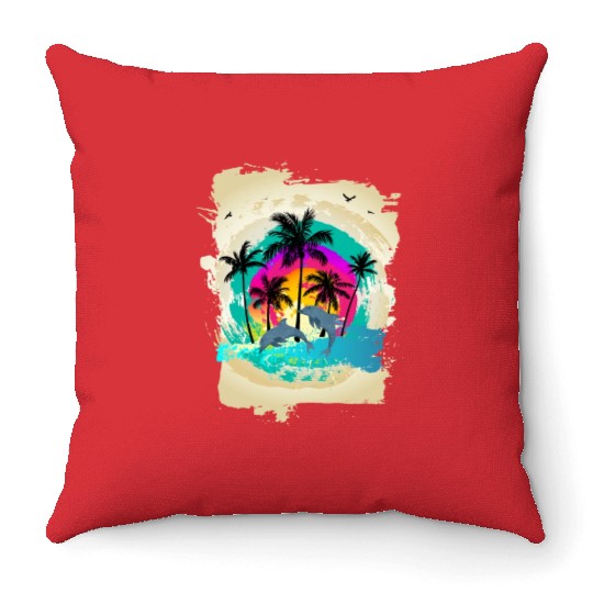 Dolphin Palm Tree Sunset Throw Pillows