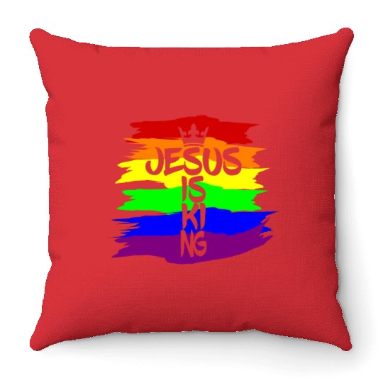 Queer Jesus is King Cross Crown Rainbow Colors Throw Pillows