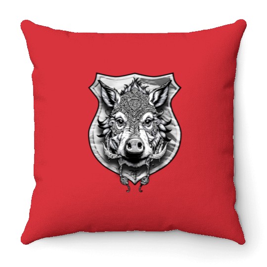 shield with wild boar head - DIGITAL - grayscale Throw Pillows