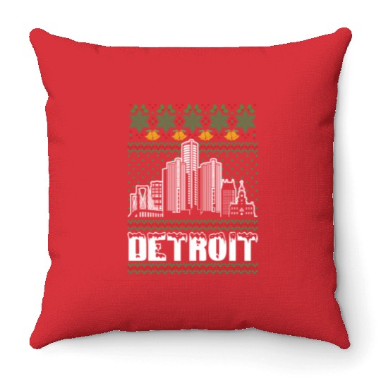 Detroit Michigan Ugly Christmas Throw Pillows