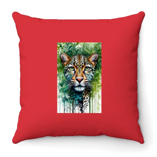 Leopard ink painting with green background Throw Pillows