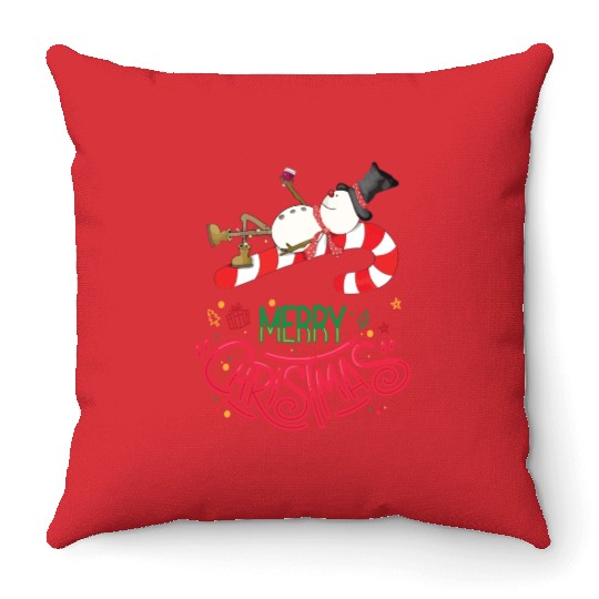 Merry Christmas Snowman, Lying On Candy Cane Throw Pillows
