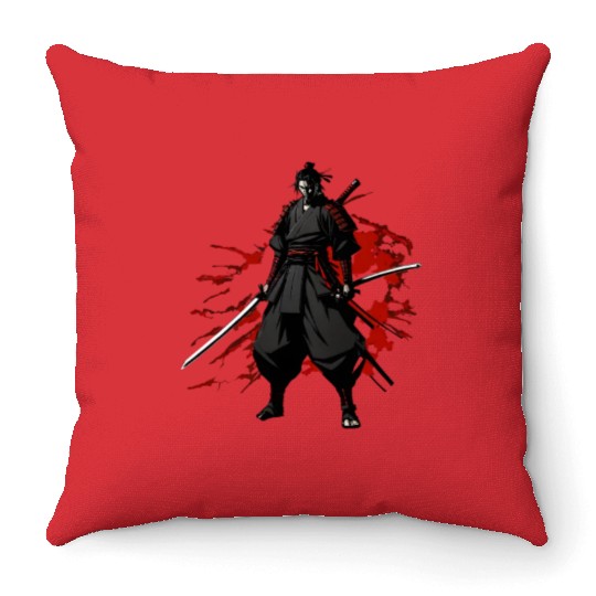 Anime Samurai Hero in Black Kimono Throw Pillows