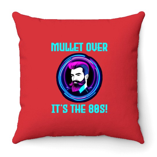 Neon Retro Barber Shop Sign 80s Style Mullet Hair Throw Pillows